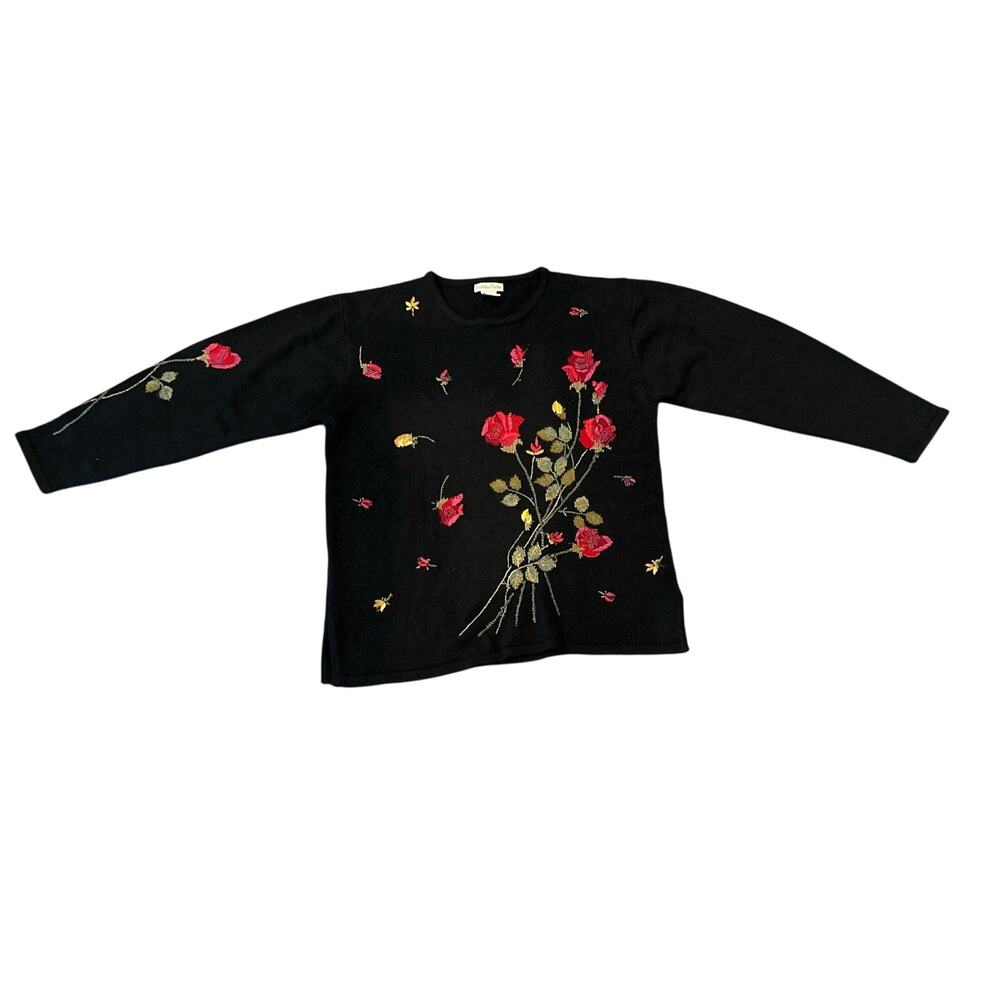 Cynthia Taylor Pull Over Black With Red & Gold Embroidered & Beaded Flowers Med.